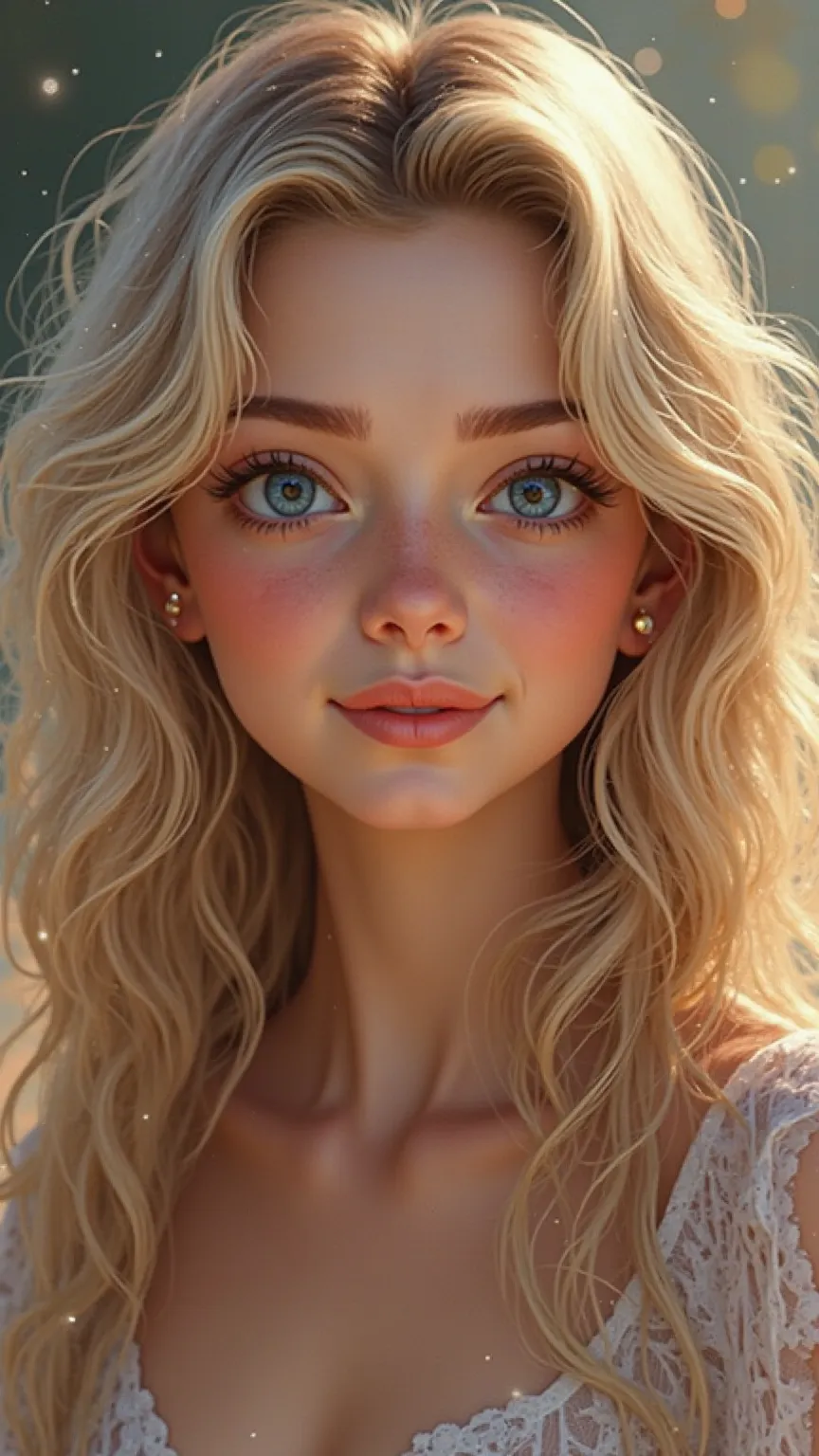  A charming young woman, with 1,55 meters high. Her wavy and light blond hair falls softly over her shoulders,  framing her delicate face . Her light blue eyes are crystal clear and full of life, transmitting an irresistible kindness. The sweet smile that ...