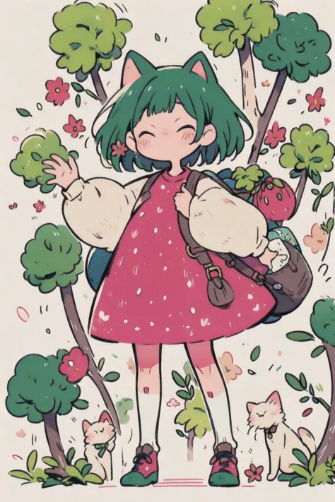  Art Deco Warrior, Plant and tree design  、watercolor,  spring, cat girl , springの妖精, large tote bag  , Wild strawberry, watercolor,