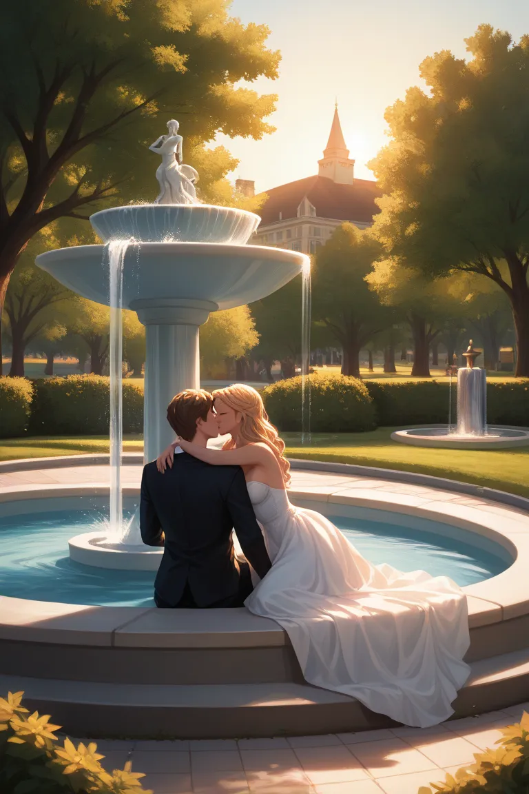 In a park without any trees, there is a small fountain in the distance. A scene where a couple is seen as a faint silhouette next to the fountain