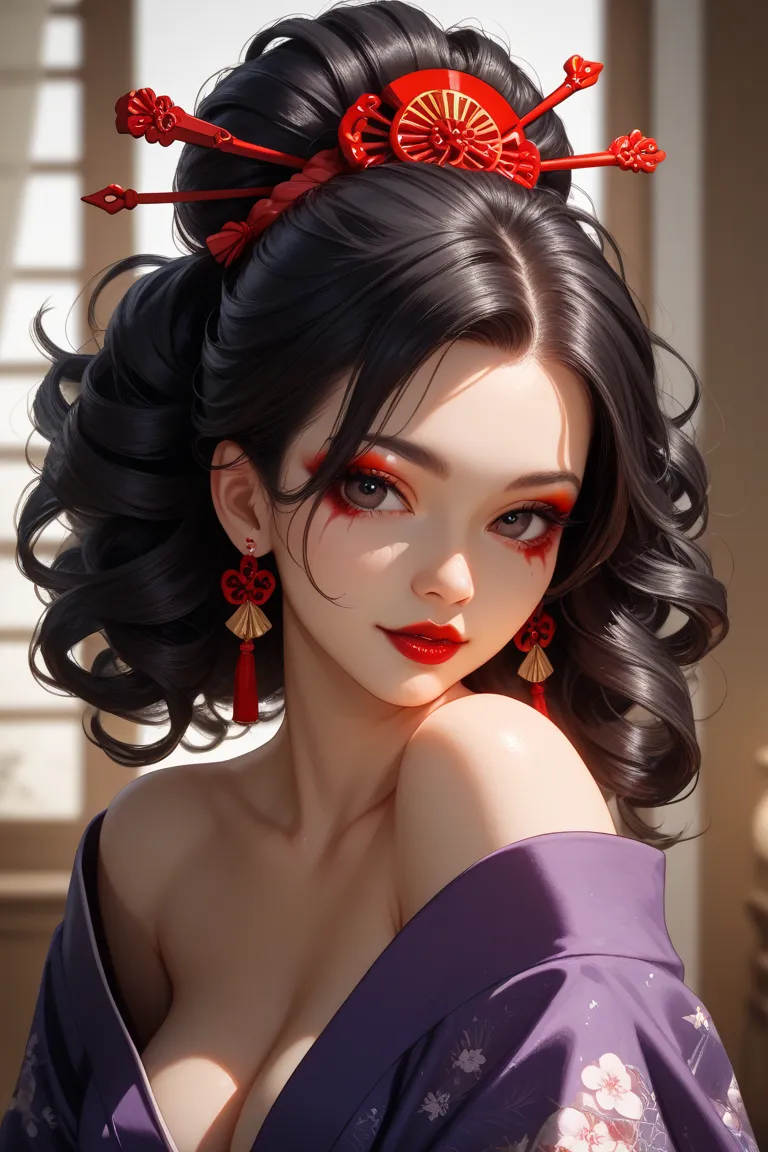 A very sexy asian woman, big dark eyes, 32 years old, curly black hair, red makeup, red lipstick, Japanese traditional high hairdo,, wearing a sexy silk violet kimono, no background, picture in anime style