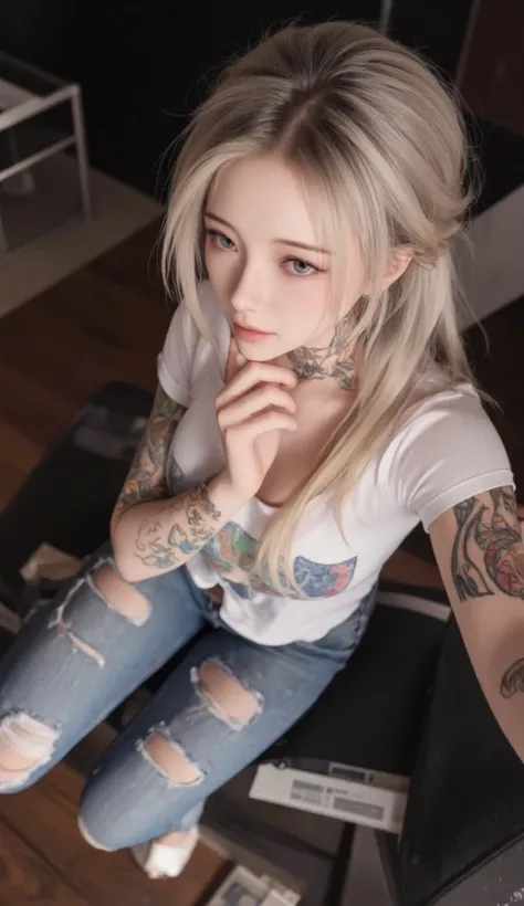 ((sexy portrait, (from above, Dynamic shot), Bold and seductive pose), a beautiful blonde woman, Long hair, tattooed body, tattooed hands, tattooed neck, Alone, colorful sweet sigh, Melancholic weakness, Passionate dating, (wearing a T-shirt, ripped jeans,...