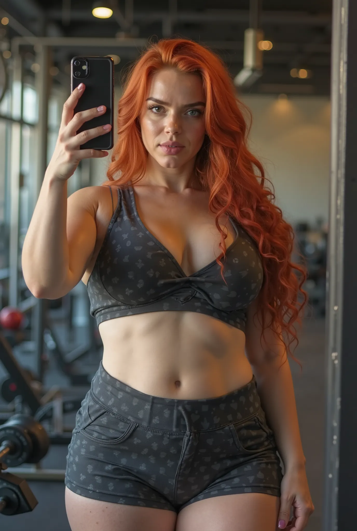 A red-haired woman with a curvaceous body, weighing about 67 kg, taking a photo in front of the mirror with her smartphone. She wears gym clothes, highlighting her curves in a natural way. Her long red hair falls softly over her shoulders, and she has a co...