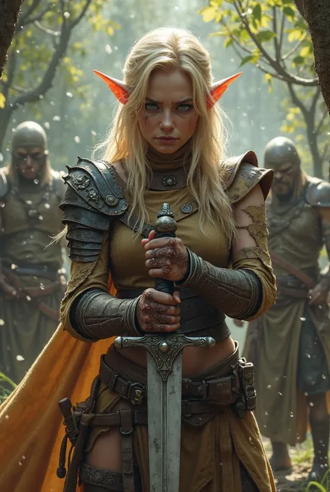 Blond ELF Female Warrior，Wearing severely damaged leather armor，Facing the screen，Crying in fear，Hold a straight sword stand in front of your chest，In front of you is a group of goblins，Goblins rush to the female warrior