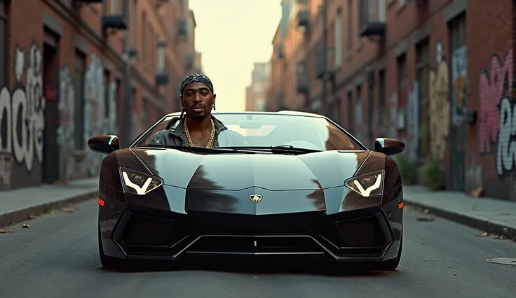 2pac thug life in a black Lambo driving down a alleyway in Brooklyn 