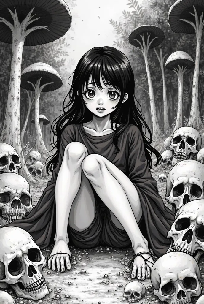  ((black and white)) manga style girl keeps crying, near the skulls and Mukhamorv, keeps crying  "subscribe to the Griboyeda Society"