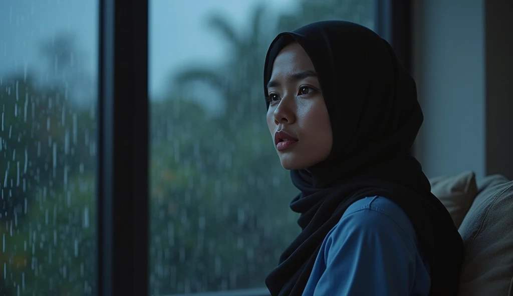 a beautiful 25-year-old Indonesian woman wearing a black hijab and a blue shirt is crying at the camera, sitting on a sofa in a minimalist house, close up, ultra realistic, HD, 4K, cinematic lighting, dramatic angle, epic atmosphere,  background , glass wi...