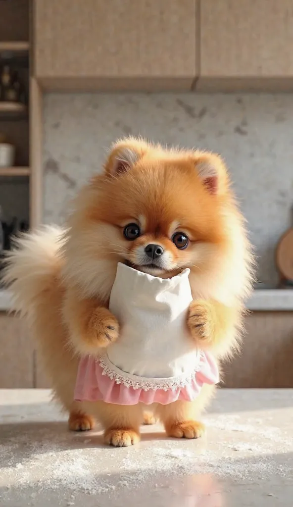 A fully grown, elegant Pomeranian dog with long, fluffy fur in natural shades of orange, cream, and beige stands gracefully on the kitchen countertop, exuding the confident charm of a true diva. She has a slightly fuller, more robust build, resembling a cl...