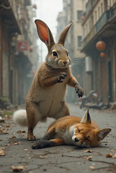 a rabbit beat the fox in the street