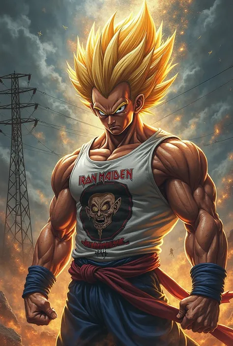 Vegetta from Dragon Ball fourth level with sleeveless Iron Maiden t-shirt with cover background from ride the lightningn background cover from album cover ride the lightningn Metallica with long hair