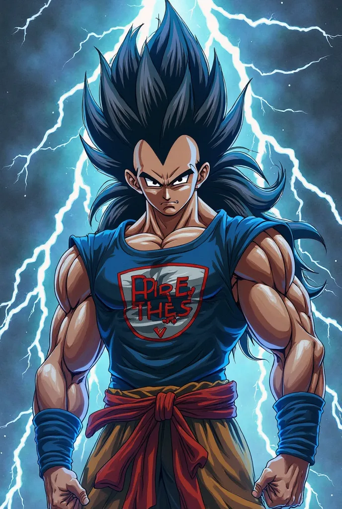 Vegetta from Dragon Ball fourth level with sleeveless KISS t-shirt with cover background from ride the lightningn background cover from album cover ride the lightningn Metallica with long hair