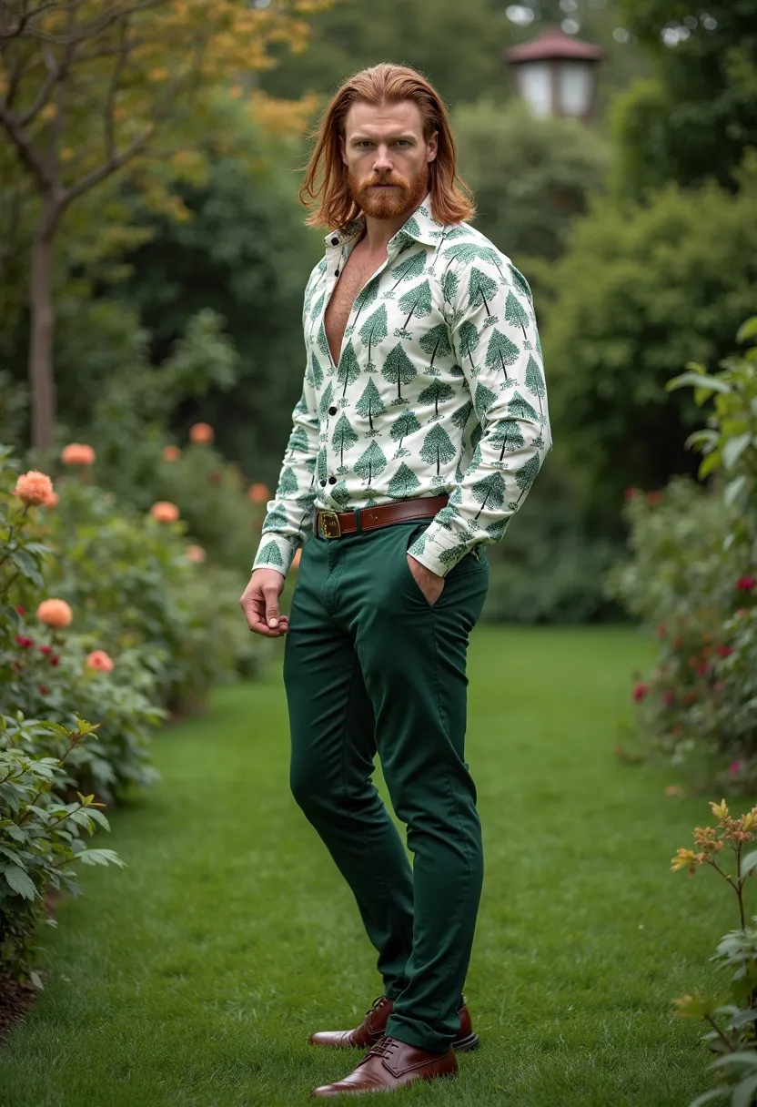 A picture of a very handsome and attractive Irish man with a stern, attractive face and a well-proportioned athletic body. He has soft rosy white skin, a light beard, and long, well-groomed red hair. He is wearing dark green pants, a white shirt with green...