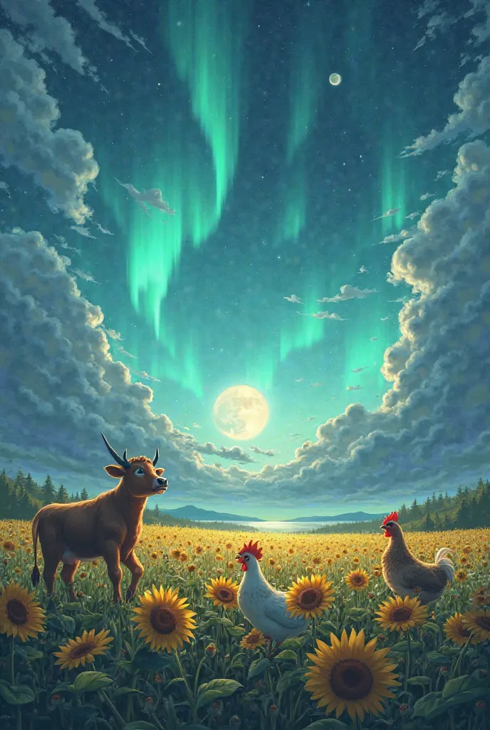 I want a landscape of Northern Lights where you can see the moon and also have very beautiful sunflowers. And I want a cow with a chicken to come out