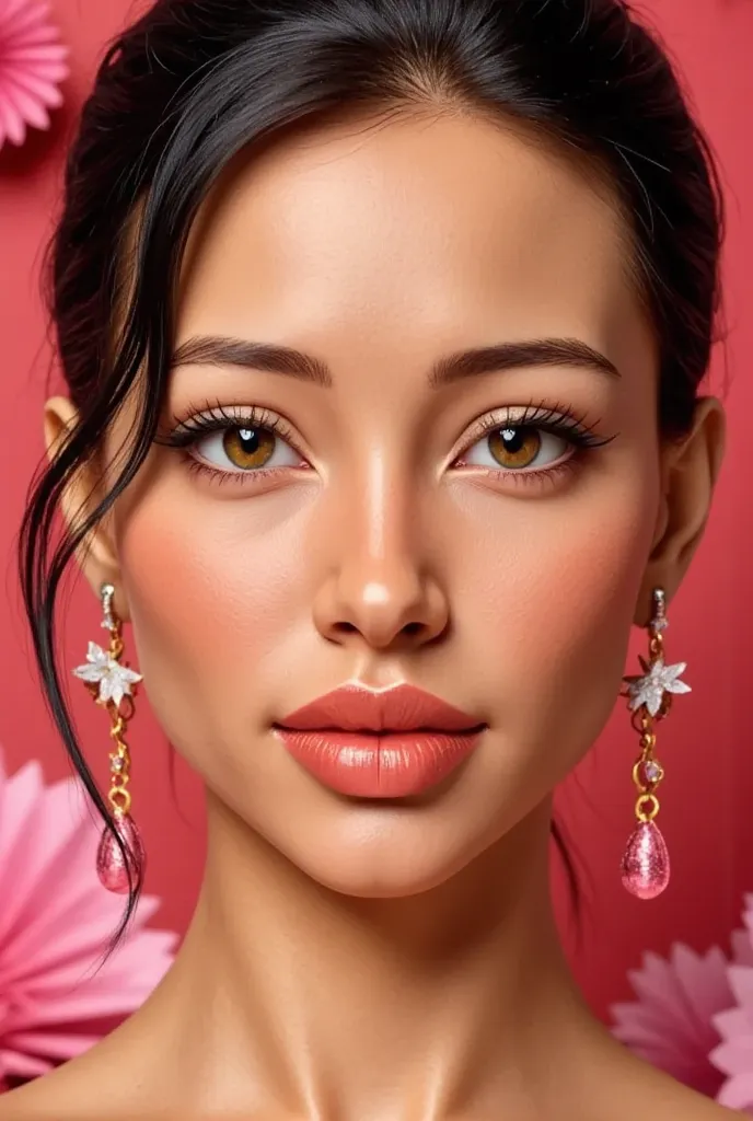  masterpiece,  close up symmetrical portrai, t of pretty girl ,Glossy makeup,  perfect style , Pink earrings,  Sexy ,  ultra HD resolution, UHD images, 