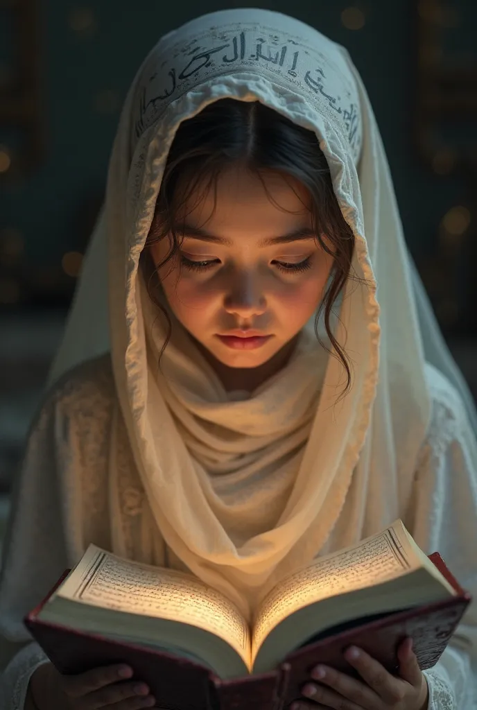 A beautiful girl with big eyes in a veil reads the Quran 