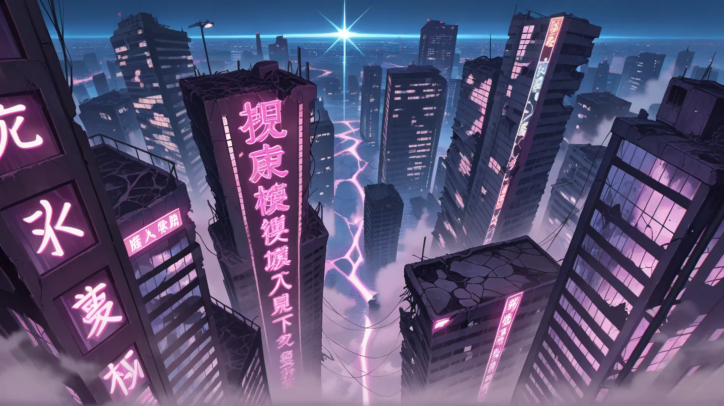 masterpiece
best quality
amazing quality
realistic
hyper-detailed
anime screencap. 8k,A panoramic aerial view of a ruined synthwave city. Skyscrapers, each uniquely designed, stand shattered and crumbling. Cracked roads weave through debris, scattered with...