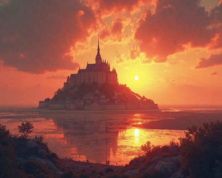 I want to create a banner with Mont Saint Michel in front of a beautiful sunrise.  Forward is the word written " recruitment "