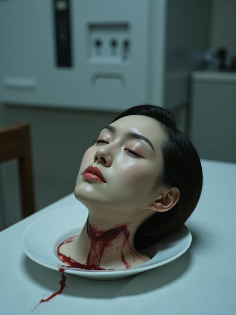   place the head of a decapitated woman , Asia,  Less blood stains   , (( with eyes closed)),   like a dish on a plate  , Bloody,  actual , 4K, Nikon, fear