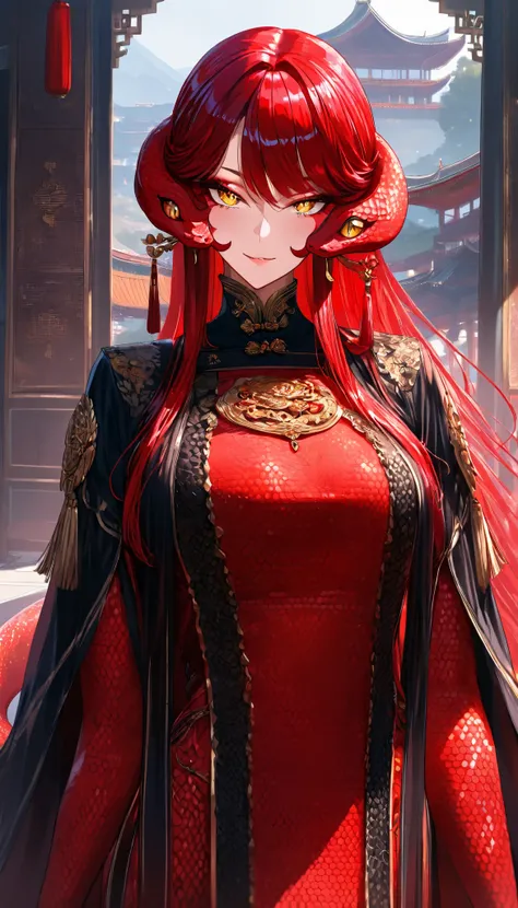 A Red hair Female(Red snake scales on her cheeks), Perfect body, (Golden eyes with Snake pupils), Wearing A Red and White Taoist robe with Snake scale pattern, Open pose, seductive smile,In a Chinese palace, UHD, SOLO, anatomically correct, masterpiece, t...