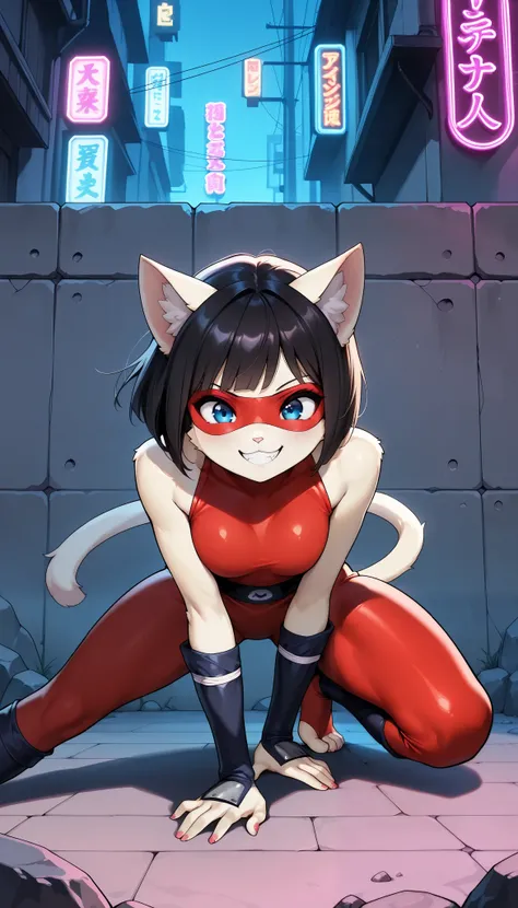 1 Beautiful Girl , cute fur , Furry, Cat face, Cat girl, short bob, (Alluring, smile,  grin , tooth, Cat&#39;s paw, nail), anime style, (Medium breast),  petite body, very cute, (superhero landing:1.4, Ninja costume, Cat Ears Ninja), adorable expression, s...