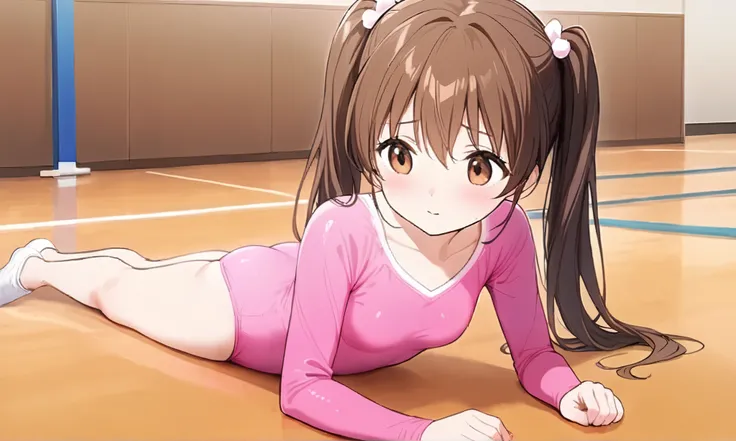 a pretty  lying on a wooden floor with her arms on the ground, 1girl, solo, athletic leotard, twintails, pink leotard, leotard, brown hair, long hair, brown eyes, lying, blush, wooden floor, gymnastics, breasts, small breasts, indoors, hair ornament