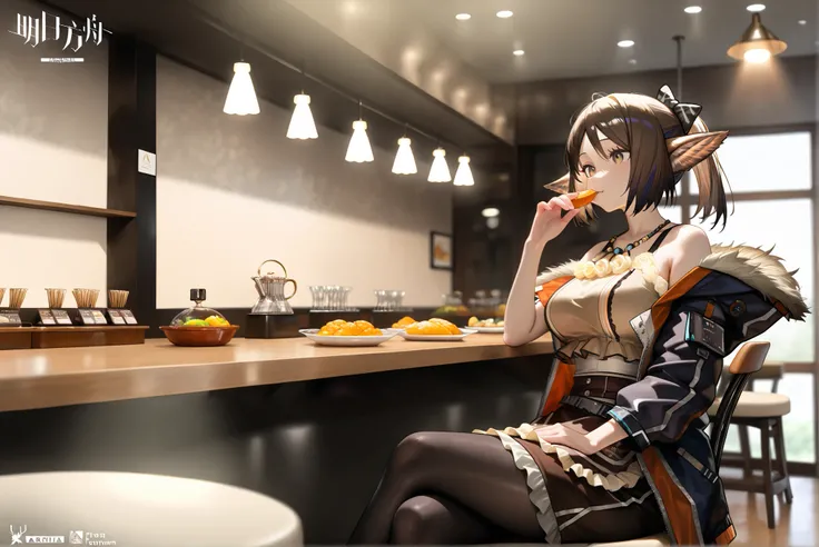 1female,(( upscale restaurants ))。open jacket, waist apron, perfumer, bare arms, bare shoulder, waist apron perfumer sp, pencil skirt, black pantyhose,, brown dress,((perfumer)),((perfumer_\(arknights\))), perfumer_\(arknights\)。, eating at a restaurant。cr...