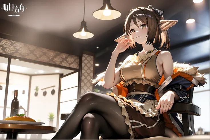 1female,(( upscale restaurants ))。open jacket, waist apron, perfumer, bare arms, bare shoulder, waist apron perfumer sp, pencil skirt, black pantyhose,, brown dress,((perfumer)),((perfumer_\(arknights\))), perfumer_\(arknights\)。, eating at a restaurant。cr...