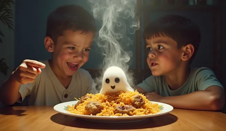 A steaming plate of biryani sits on the table, but the rice and meat pieces are shaking slightly. One boy looks terrified, pointing at the food, while the other tries to stay calm. A tiny ghostly face is emerging from the biryani, speaking in a funny way. ...