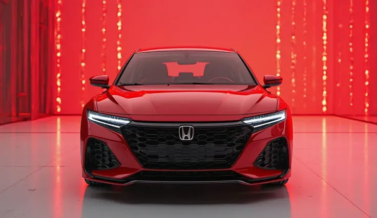 A captivating front view of a the ( Honda 2026) (red)Taking center stage in a luxurious white The futuristics golden lights showroom, vibrant exterior gleams and shine, showcasing it's sleek, aerodynamic design and bold