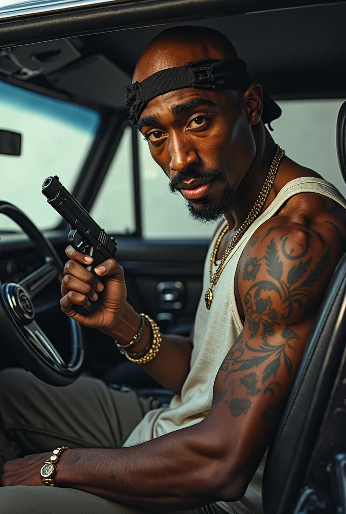 Tupac hop hop,Rapper singer holding a 9mm in a car