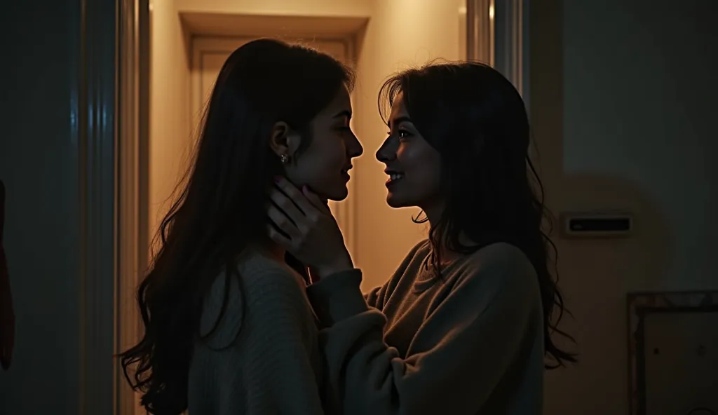 A dimly lit apartment doorway at night. Two young women stand close—one (the protagonist, with neatly styled hair and a structured outfit) holds the other’s face gently, eyes full of emotion. The other (Riley, with dark, slightly messy hair and an oversize...