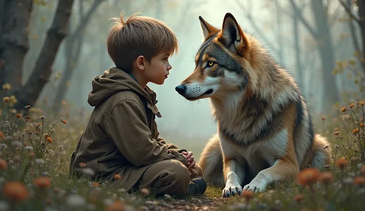 Full view Portrait of Strange Friendship! This Boy Has a Wolf Friend!