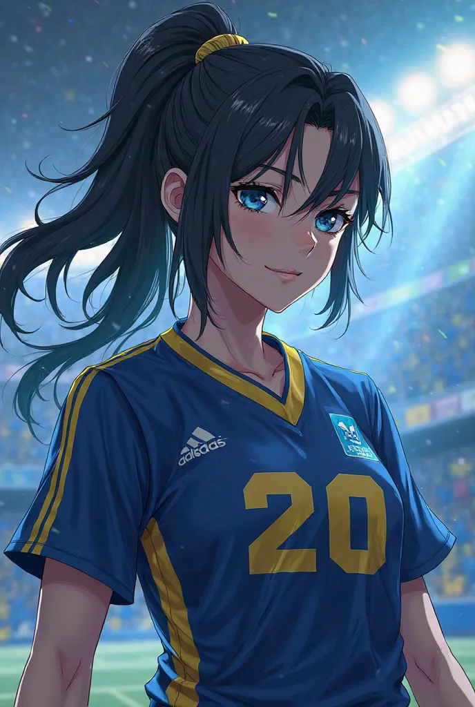 Make me a blue lock anime character name Louelle Montemayor jersey number 20 with mullet haircut and black eyebrows and hunter eye