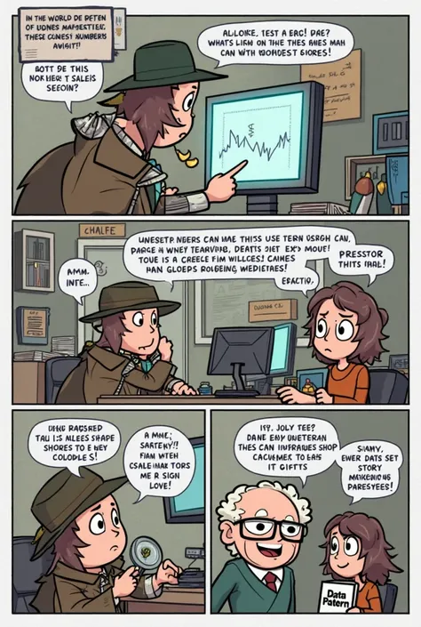 Comic Title: **"The Data Detectives!"**

---

**Panel 1:**
*Setting: A cluttered office with charts and graphs on the walls. The Data Detective, wearing a detective hat and holding a magnifying glass, is looking at a computer screen with a puzzled expressi...