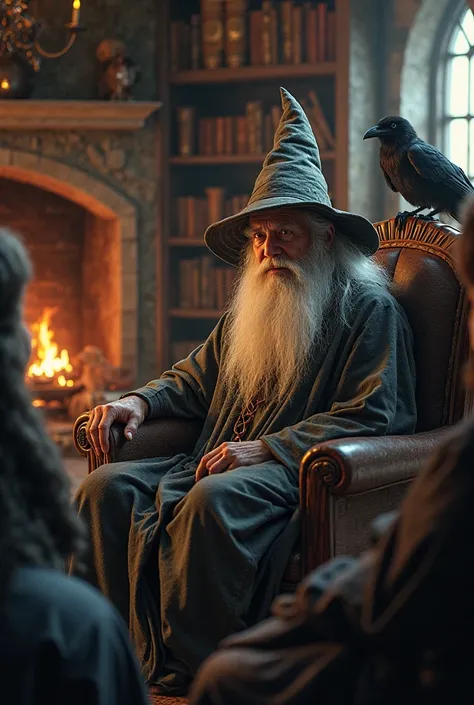 I want an image of Gandalph the Grey sitting in a chair telling stories 