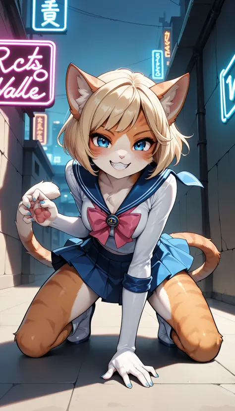 1 Beautiful Girl , cute fur , Furry, Cat face, Cat girl, short bob, (Alluring, smile,  grin , tooth, Cat&#39;s paw, nail), anime style, (Medium breast),  petite body, very cute, (superhero landing:1.4, sailor suit, pleated skirt, miniskirt), adorable expre...