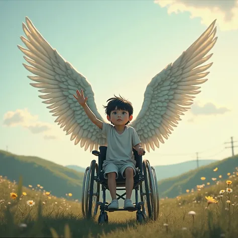 A black-haired boy is standing in a wheelchair, with one of her hands raised to the sky and on her back she has a beautiful pair of wings