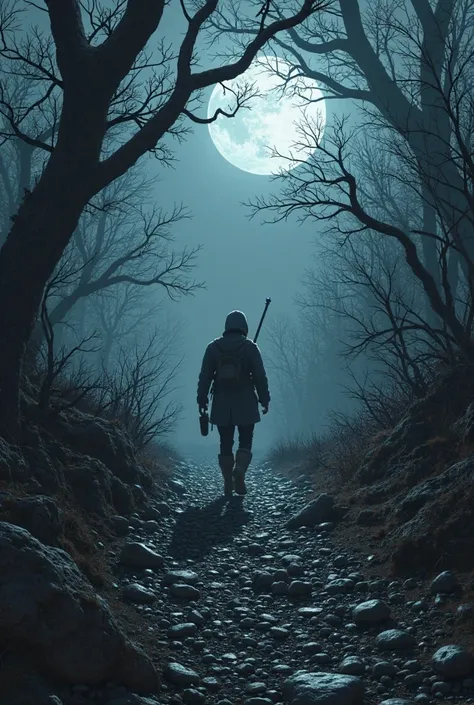 Boots crush gravel on a moonlit trail,
Shadows stretch long, cold winds wail.
Branches claw like ghosts from the dark,
A hunter’s heart beats, ignites the spark.