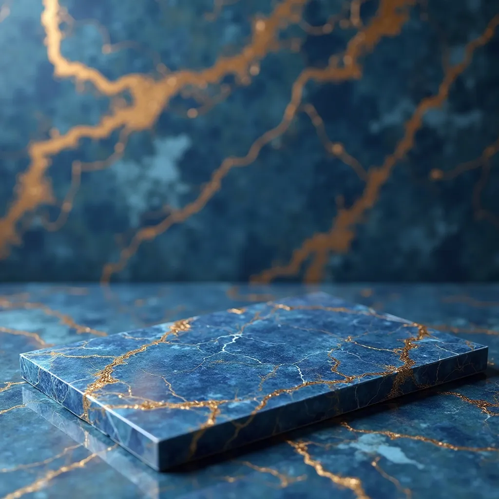 The background consists of a luxurious blue marble slab with elegant gold veining, slightly blurred to create a soft and refined aesthetic without natural light.