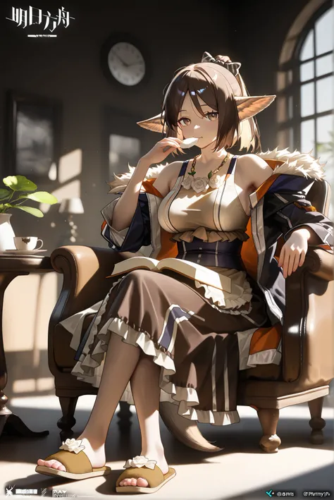 1female,(( morning cafe ))。 fox tail。looking at viewer, brown dress, brown slippers,,,((Perfumer)),((Perfumer_\(arknights\))), Perfumer_\(arknights\)。, eating at a restaurant。crossed legs,Black long skirt。tiny boobs。 dynamicangle。I have a book。,Photorealis...