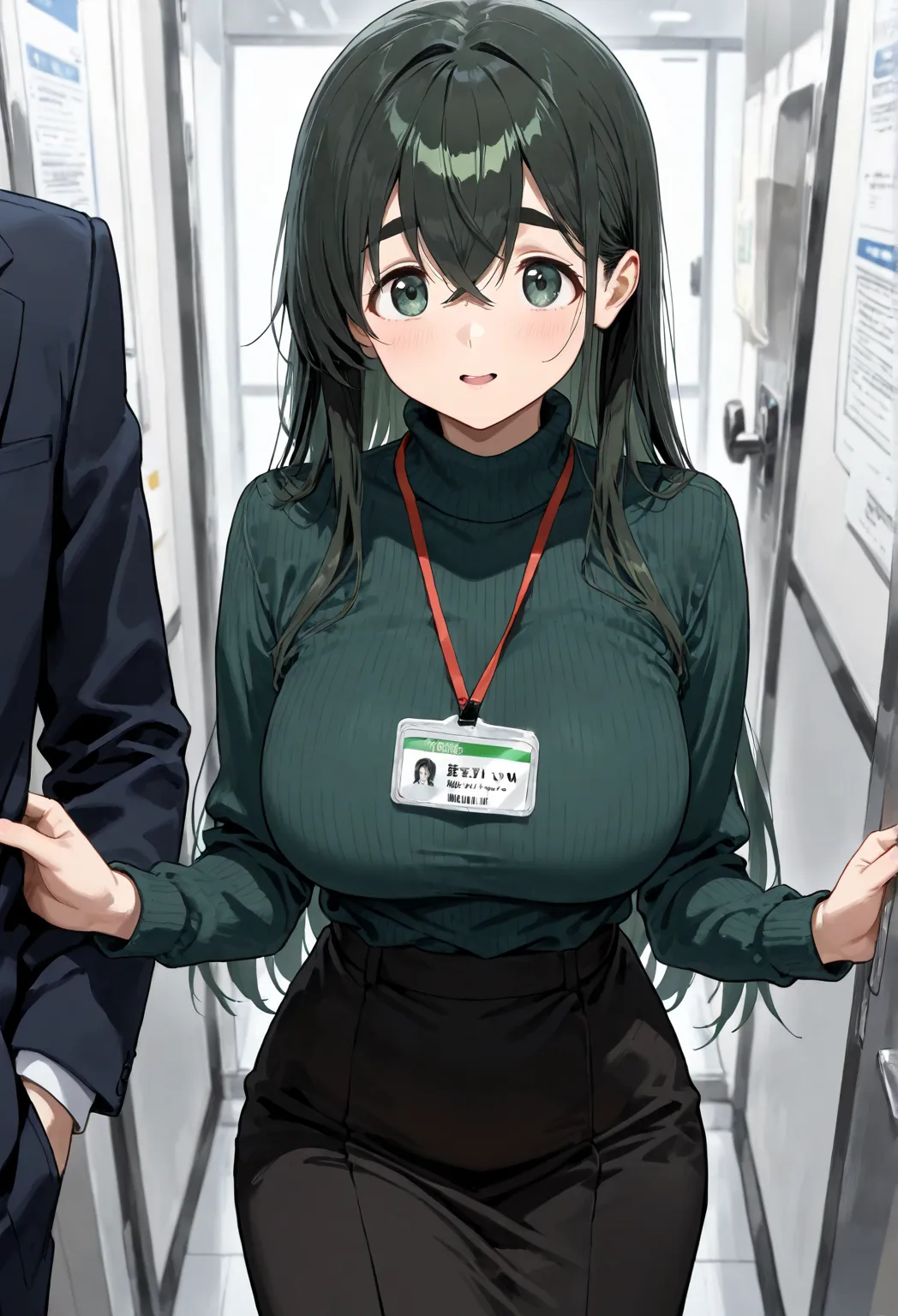 BREAK, 1girl, long hair, straight hair ,crossed bangs, (black hair), troubled eyebrows, (tareme:1.4), dark green eyes ,detailed, (large breasts), (dark green turtleneck sweater), (Black long skirt) ,Black stocking, Conversation ,tag worn around the neck, T...