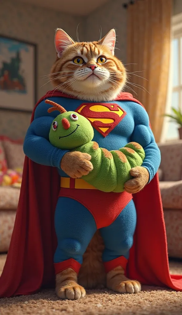 father cat (superman outfit) carrying a huge stuffed caterpillar