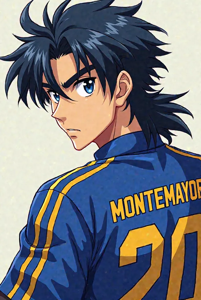 Make me a blue lock anime character name Montemayor in the back of the jersey and Jerry number 20 with mullet haircut and black eyebrows and hunter eye 