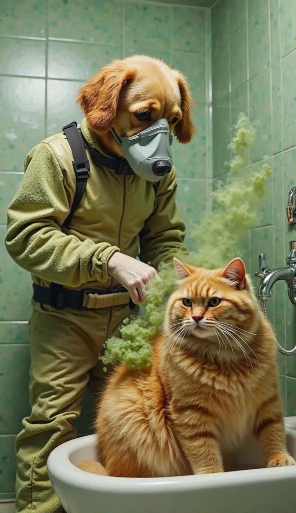 a typical Brazilian mixed-breed dog with caramel color and shaved fur, he is in a bathroom, he uses a loofah to wash and scrub a fat orange cat, the dog is wearing a radiation suit, wearing a protective mask, toxic green smoke is being expelled from the ca...