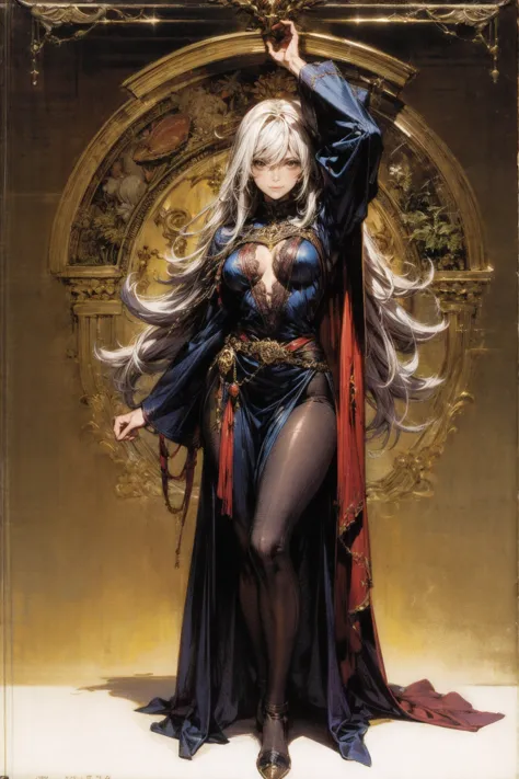 Otome,    black robe , Food, Cape,  red eyes,  long white hair,  faint smile ,  Vertical position ,  full body,   wizard , Holy Girl  