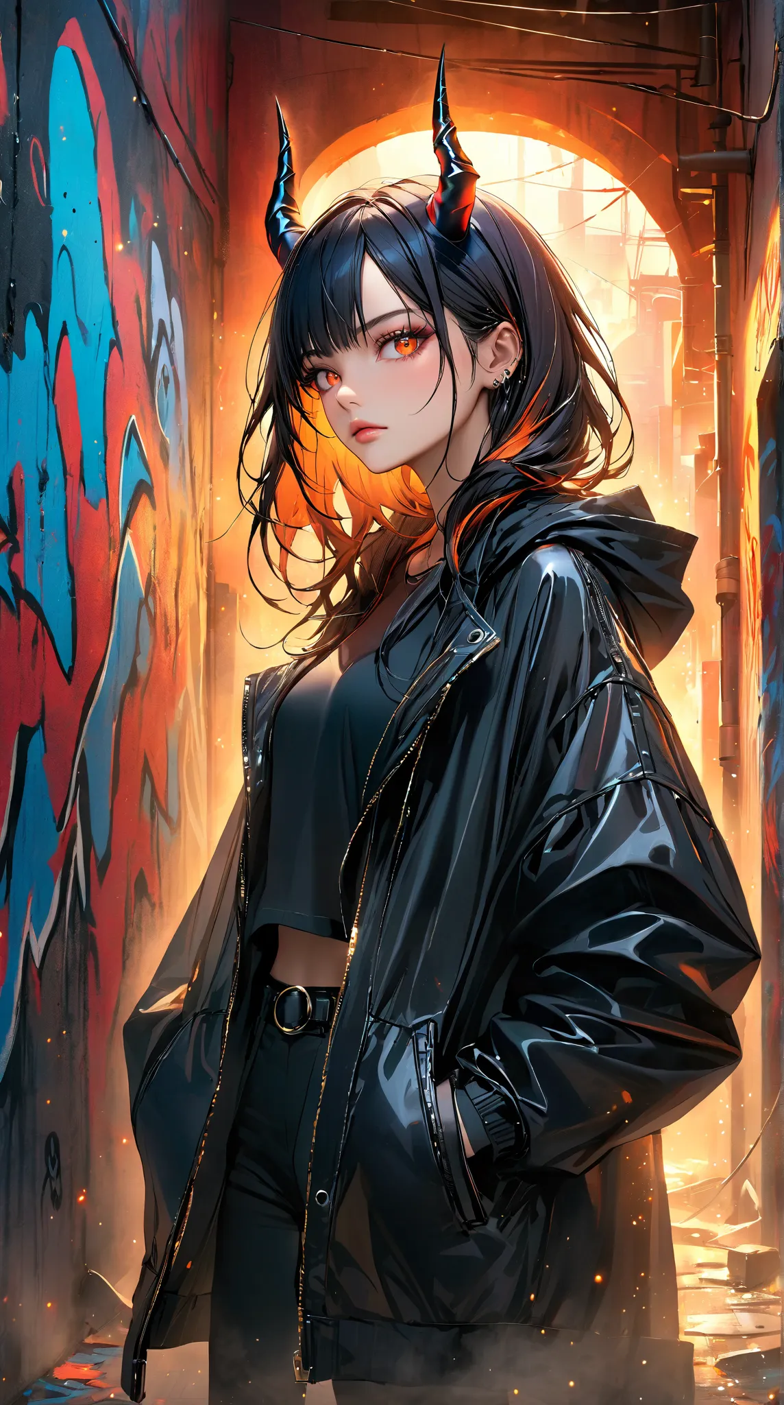 Fascinating female portrait，Features Vivid：Black Hair、Colored hair highlights、Glowing orange eyes and devil horns。Standing next to graffiti wall，Her air is charming and mysterious。