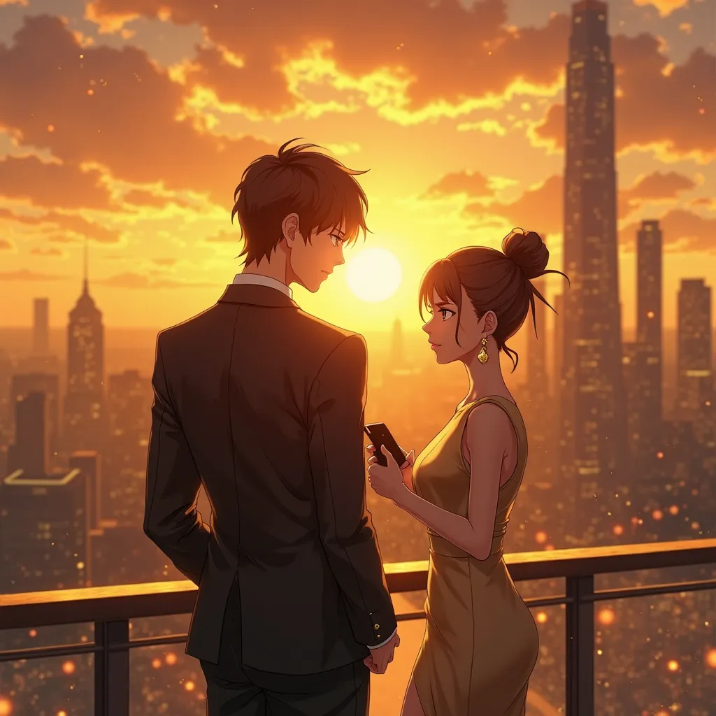 in anime style A breathtaking, golden-hued sunset bathes the towering city skyline, casting a warm yet melancholic glow. The protagonist, a young businessman in an elegant suit with subtle gold embroidery, stands on a rooftop balcony, the golden light refl...