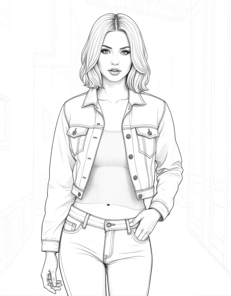 Line art illustration for a fashion coloring book, featuring a medium-body portrait of Emily Ratajkowski wearing a Levi’s white cropped denim jacket paired with a fitted ribbed tank top and high-waisted mom jeans. (White hair, lips, and skin:1.4) The desig...