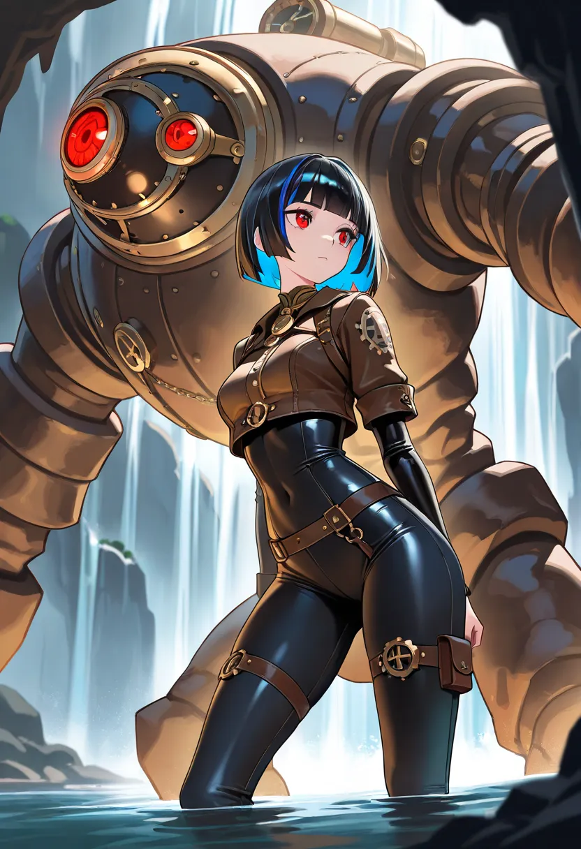 1monster(golem, 1eye, red_eye, steampunk, big_tight), 1girl(multicolored_hair, black_two-tone_hair, black_hair, blue_hair, blue_inner_hair, bob_cut, brown_steampunk-jacket, red_eyes, black_steampunk-sleeve, black_steampunk-pants, looking_side), background(...