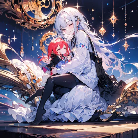 spectacular artwork, ((Composition of a smiling girl holding a small girl on her knees: 1.3)), ((sleeping)), fantastic stardust and clock background, ((black long strait hair)), front view, foots out of frame, facing the front, anime style, best quality, 8...