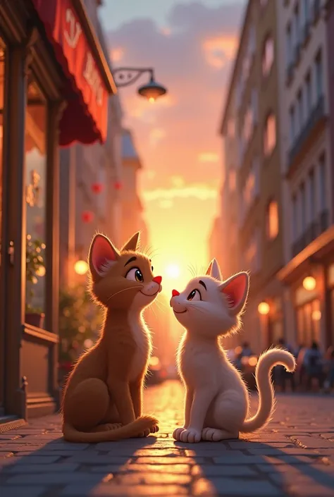 Create a 30-second animation featuring a heartwarming cat love story. Scene 1: A cozy city street at dusk, with a cat named Whiskers sitting by a cafe window, gazing at the sunset. Scene 2: Whiskers notices another cat, Fluffy, across the street, and their...